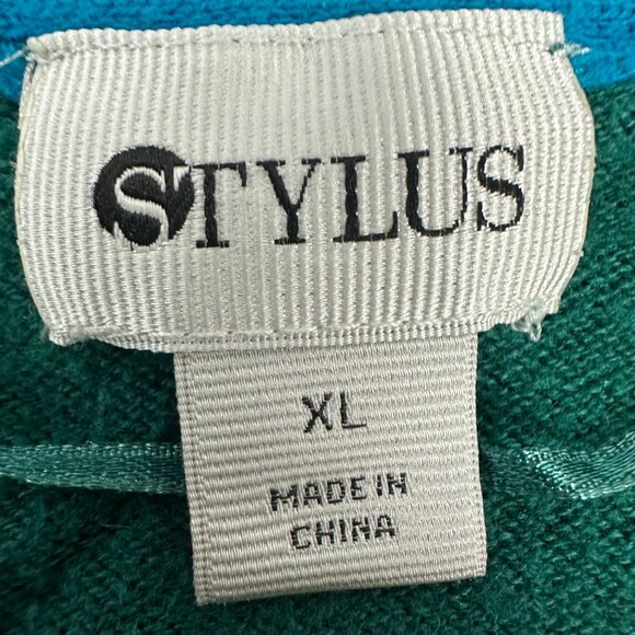 Stylus Womens XL Green Open Front Cardigan Sweater Black Elbow Patches Knit - Picture 5 of 12